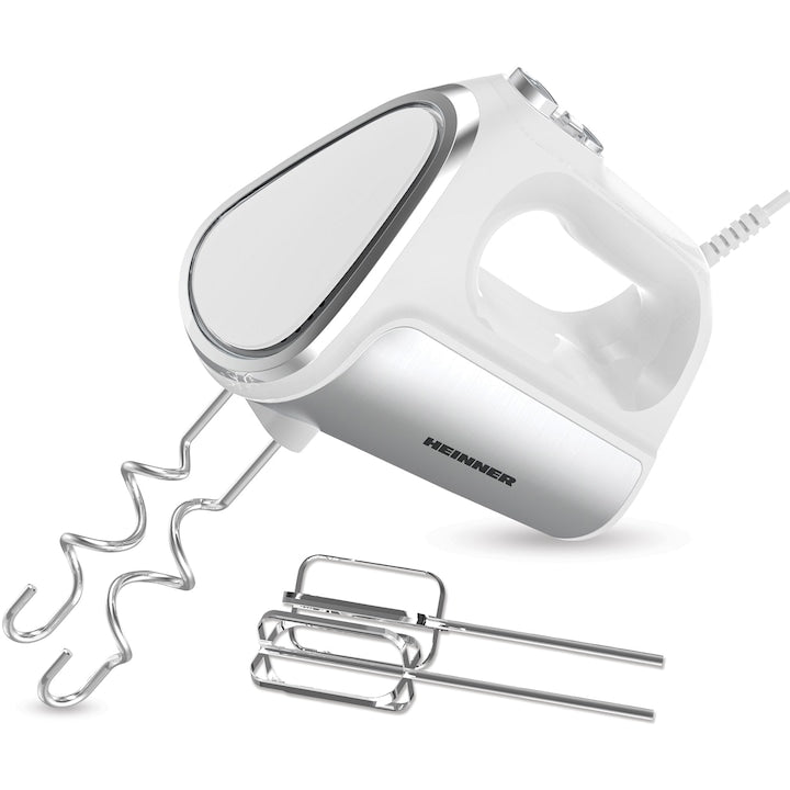 Mixer de mana Heinner HM-DC800WH , 800w, motor dc, 6 viteze + turbo, Alb cu decoratiuni inoxa - EpicHome