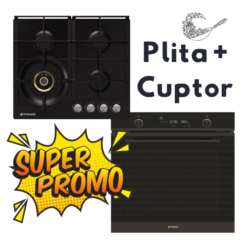 Pachet Plita Wok + Cuptor electric | Plita pe gaz Pyramis 2.0 Wok HONEY Comb Black Glass + Cuptor electric Pyramis PO78094010EBL? Full Black Glass - EpicHome