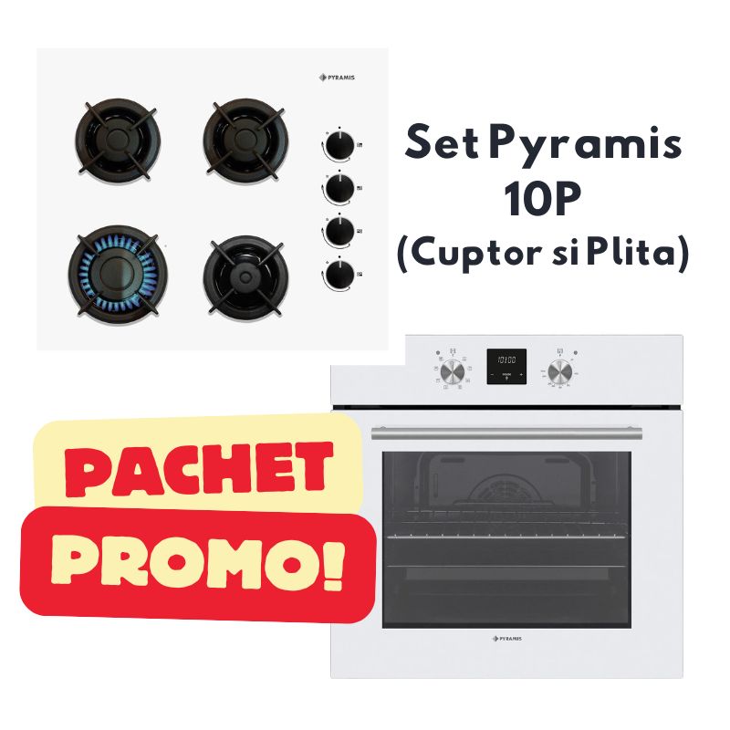 Pachet Pyramis 10P, cuptor electric incorporabil si plita pe gaz Pyramis 2120 White Glass, gratare individuale fonta, 60x51 cm - EpicHome