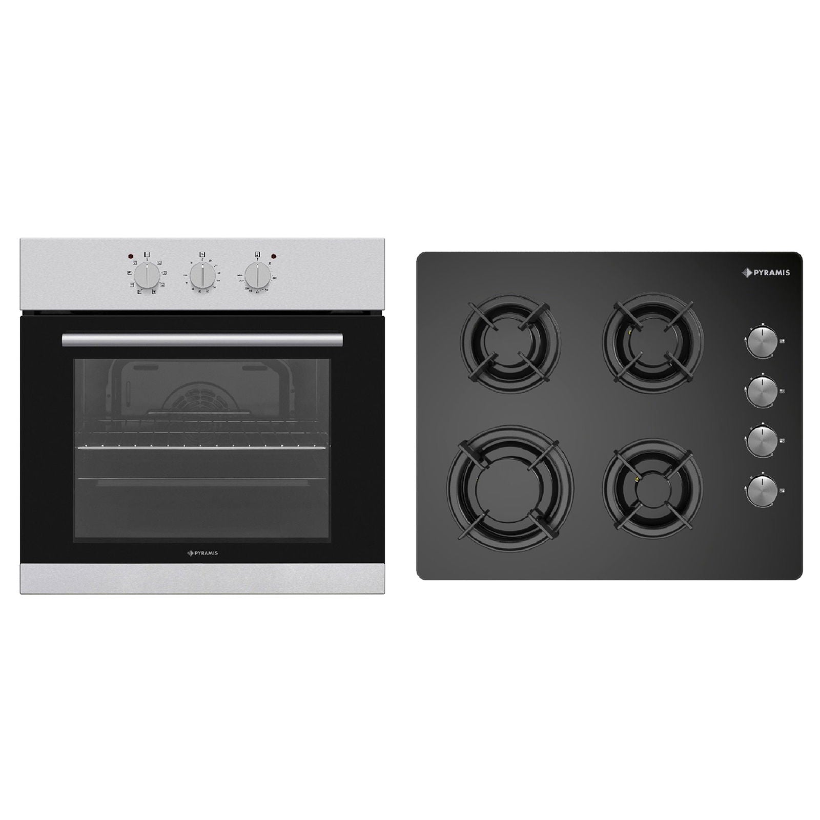 Pachet Pyramis 12P, cuptor electric incorporabil si plita gaz,  8 functii, clasa A, volum 69 litri, butoane rotative, Grill, 4 arzatoare, gratare emailate, finisaj sticla neagra si inox - EpicHome.ro