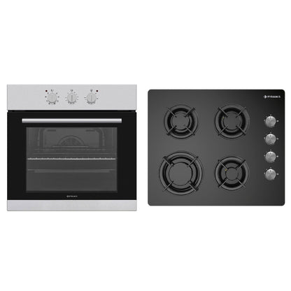 Pachet Pyramis 12P, cuptor electric incorporabil si plita gaz,  8 functii, clasa A, volum 69 litri, butoane rotative, Grill, 4 arzatoare, gratare emailate, finisaj sticla neagra si inox - EpicHome.ro
