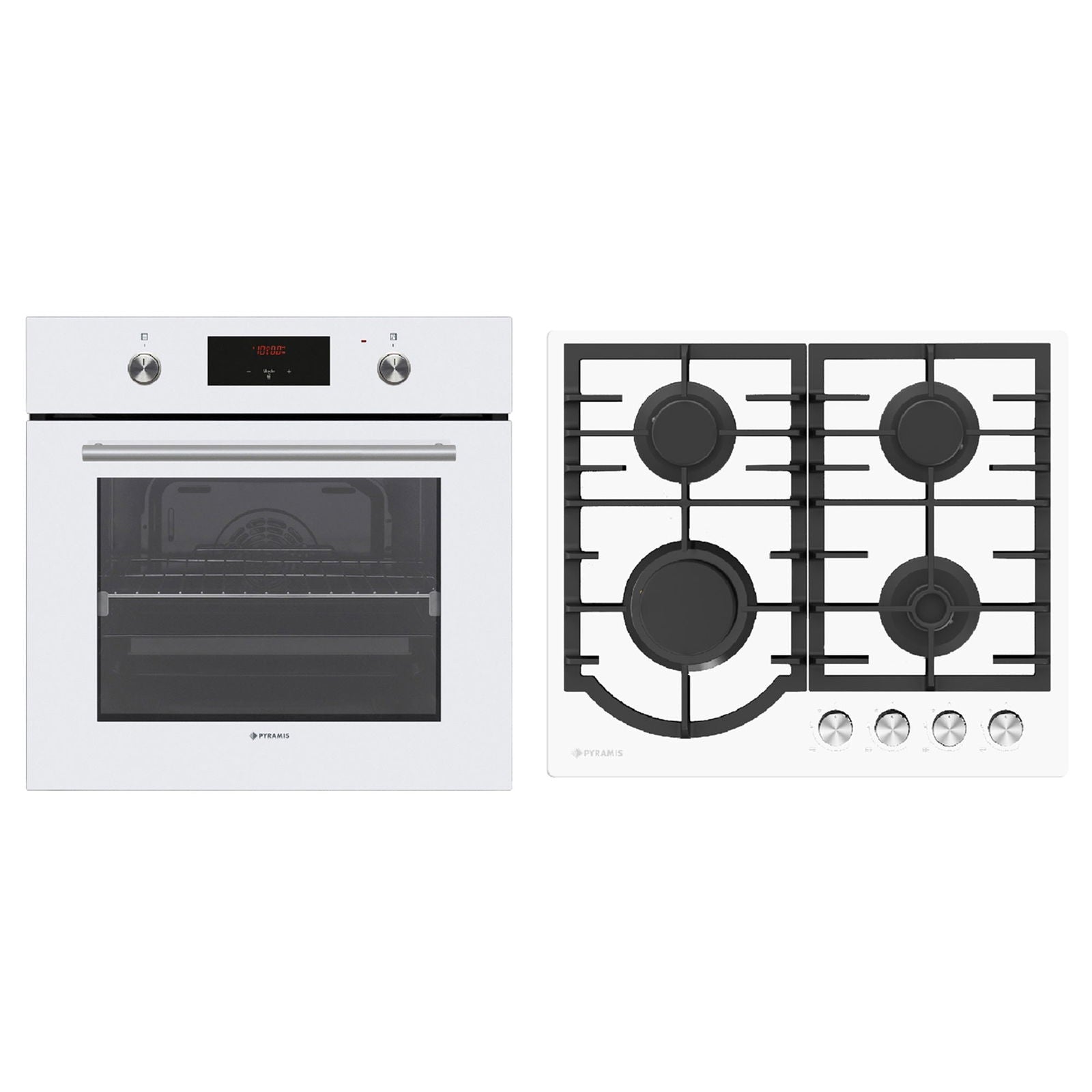 Pachet Pyramis 13P, cuptor electric incorporabil si plita gaz, 8 functii, clasa A, volum 69 litri, butoane retractabile, Soft Close, 4 arzatoare, gratare fonta, finisaj sticla alba - EpicHome.ro