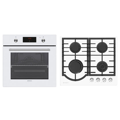 Pachet Pyramis 13P, cuptor electric incorporabil si plita gaz, 8 functii, clasa A, volum 69 litri, butoane retractabile, Soft Close, 4 arzatoare, gratare fonta, finisaj sticla alba - EpicHome.ro