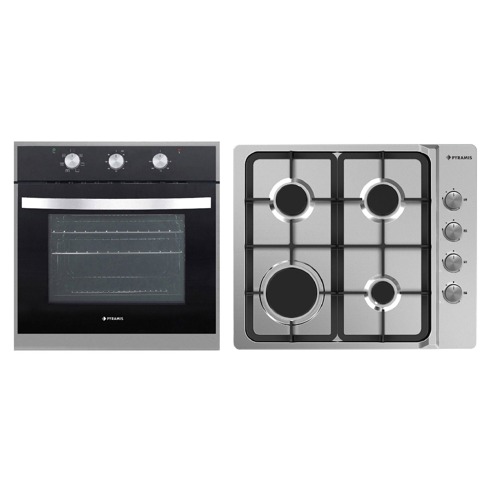 Pachet Pyramis 3P, cuptor electric incorporabil si plita gaz, 6 functii, clasa A, volum 64 litri, butoane rotative, Grill, 4 arzatoare, gratare fonta, finisaj Inox - EpicHome.ro