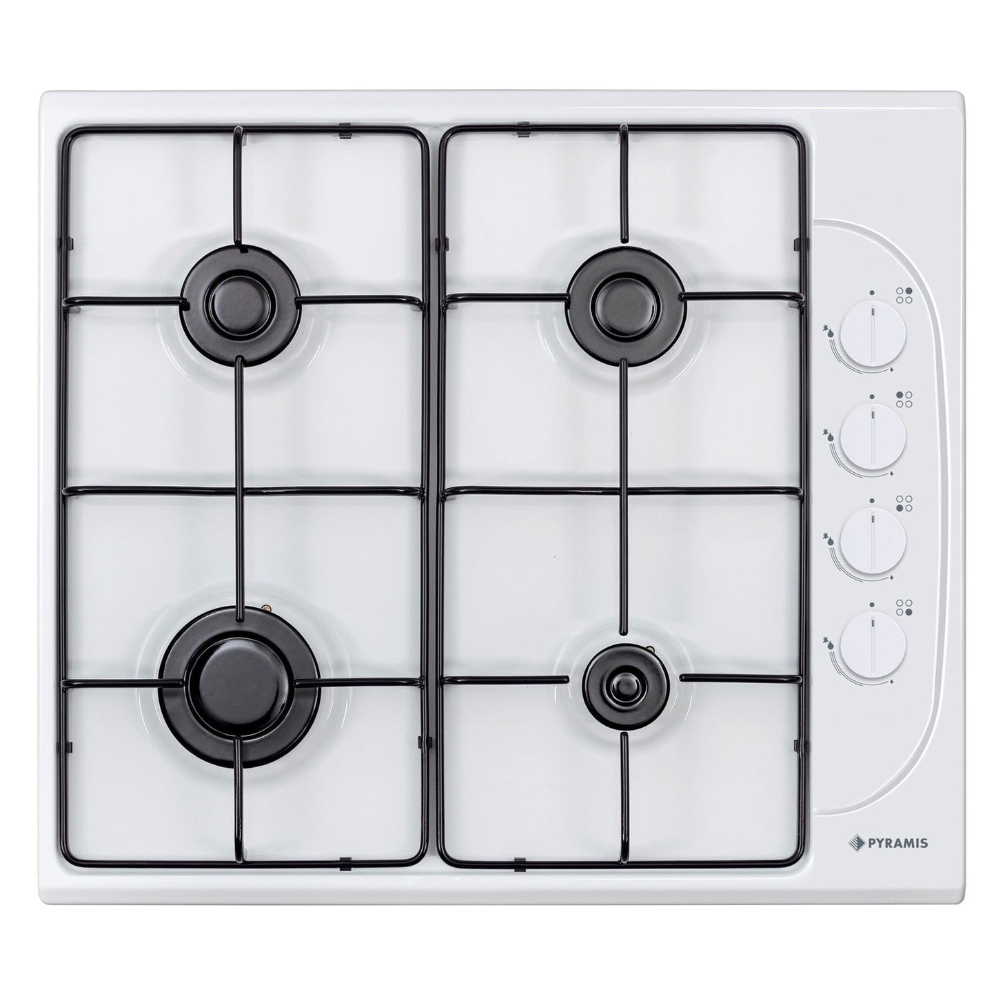 Pachet Pyramis 4P, cuptor electric incorporabil si plita gaz, 8 functii, clasa A, volum 69 litri, butoane rotative, Grill, 4 arzatoare, gratare emailate, finisaj sticla alba si email - EpicHome.ro