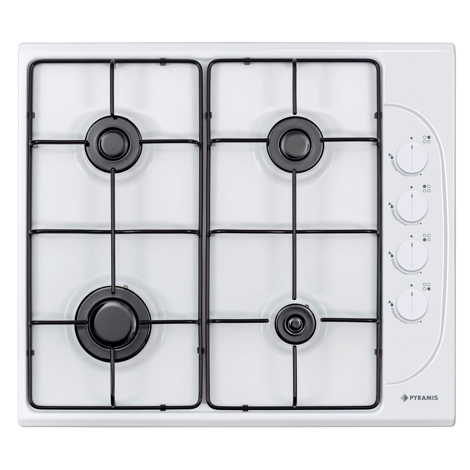 Pachet Pyramis 4P, cuptor electric incorporabil si plita gaz, 8 functii, clasa A, volum 69 litri, butoane rotative, Grill, 4 arzatoare, gratare emailate, finisaj sticla alba si email - EpicHome.ro