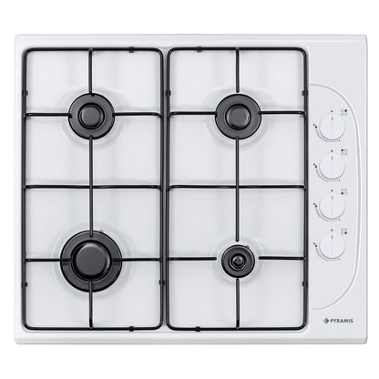 Pachet Pyramis 4P, cuptor electric incorporabil si plita gaz, 8 functii, clasa A, volum 69 litri, butoane rotative, Grill, 4 arzatoare, gratare emailate, finisaj sticla alba si email - EpicHome.ro