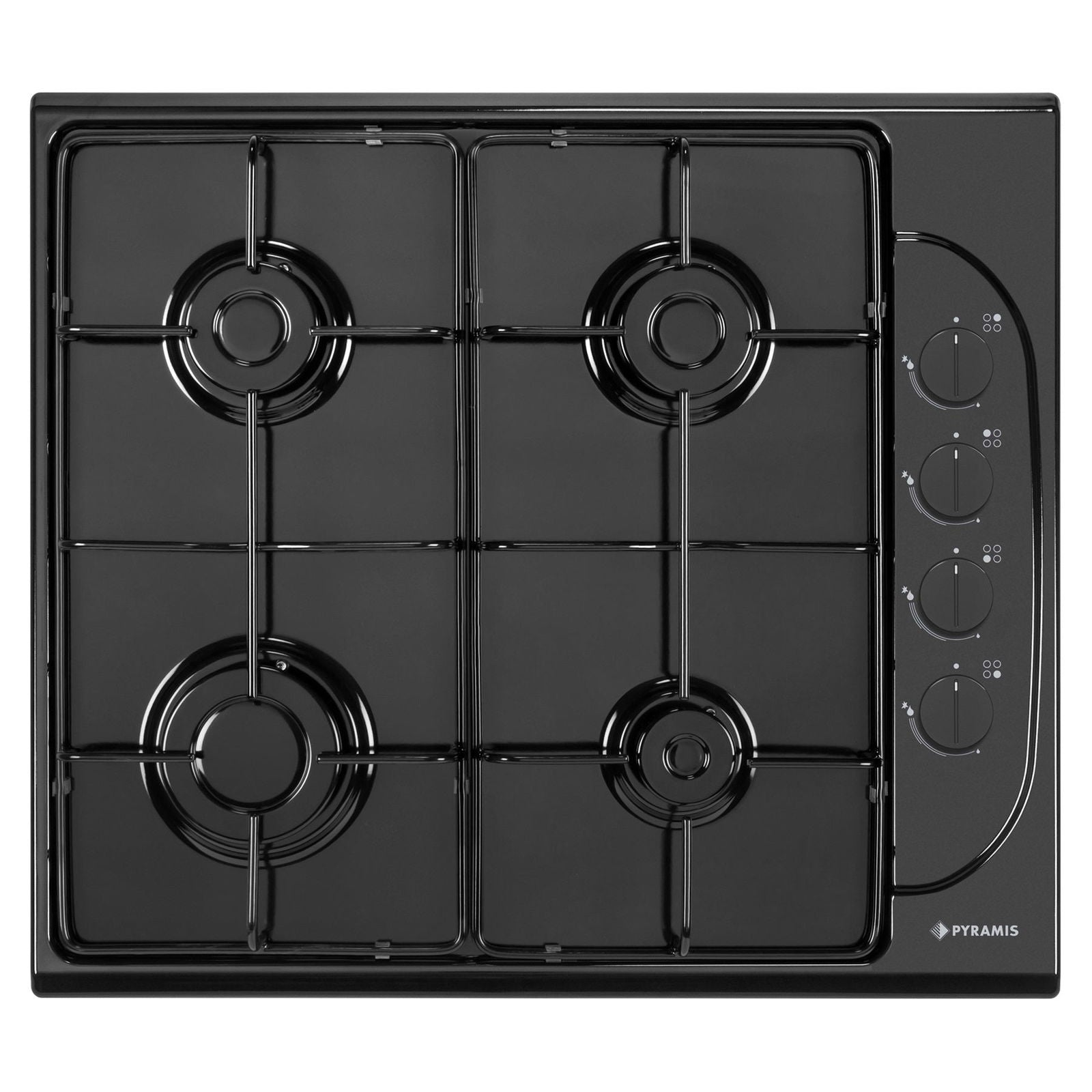 Pachet Pyramis 5P, cuptor electric incorporabil si plita gaz, 8 functii, clasa A, volum 69 litri, butoane rotative, Grill, 4 arzatoare, gratare emailate, finisaj sticla neagra si email - EpicHome.ro