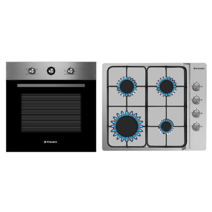 Pachet Pyramis 6P, cuptor electric incorporabil si plita gaz, 4 functii, clasa A, volum 65 litri, butoane retractabile, 4 arzatoare, gratare emailate, finisaj Inox - EpicHome.ro