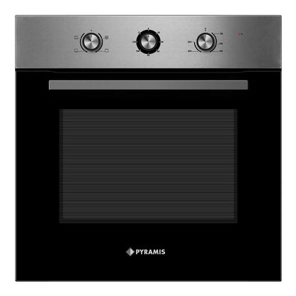 Pachet Pyramis 6P, cuptor electric incorporabil si plita gaz, 4 functii, clasa A, volum 65 litri, butoane retractabile, 4 arzatoare, gratare emailate, finisaj Inox - EpicHome.ro
