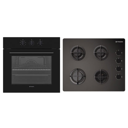 Pachet Pyramis 7P, cuptor electric incorporabil si plita gaz, 8 functii, clasa A, volum 69 litri, butoane rotative, Grill, 4 arzatoare, gratare fonta individuale, finisaj sticla neagra - EpicHome.ro