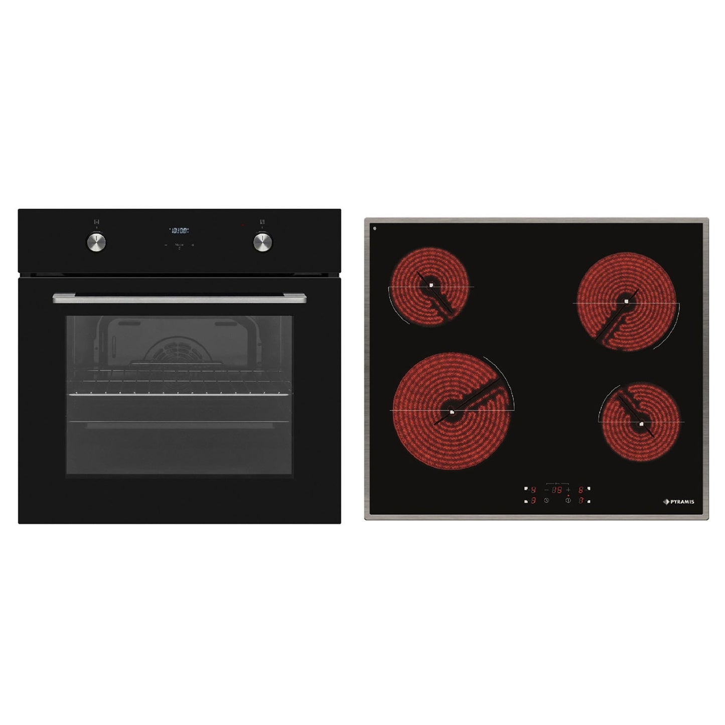 Pachet Pyramis 8P, cuptor electric incorporabil si plita vitroceramica, 8 functii, clasa A, volum 69 litri, butoane retractabile, Grill, 4 zone de gatit, finisaj sticla neagra si inox - EpicHome.ro