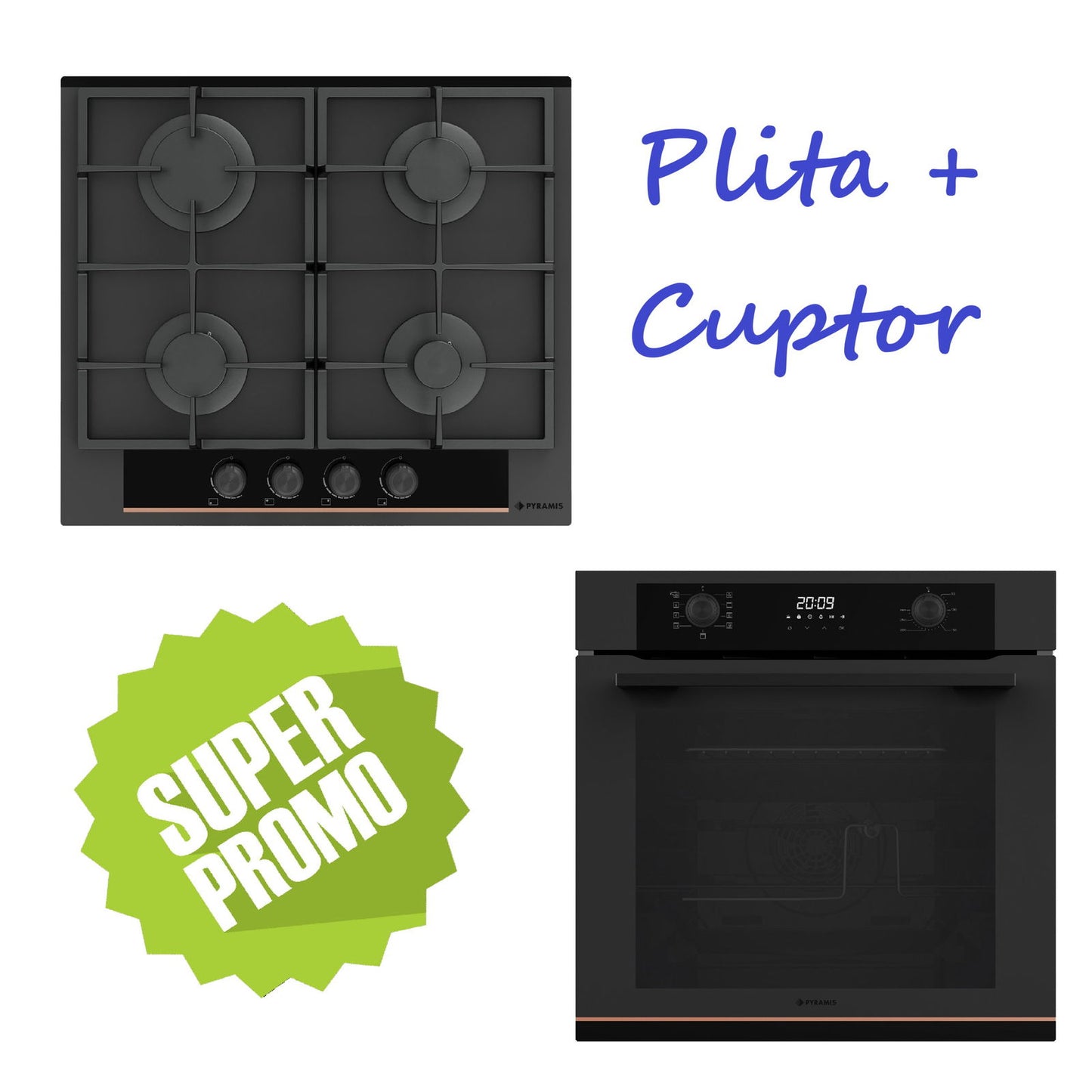 Pachet Pyramis Duo Copper Line 2080 Black Glass - cuptor electric si plita gaz, 9 functii, clasa A, 72 l, butoane retractabile, Soft Close, Rotisor, ghidaje telescopice, 4 arzatoare, gratare fonta, finisaj sticla neagra mata - EpicHome