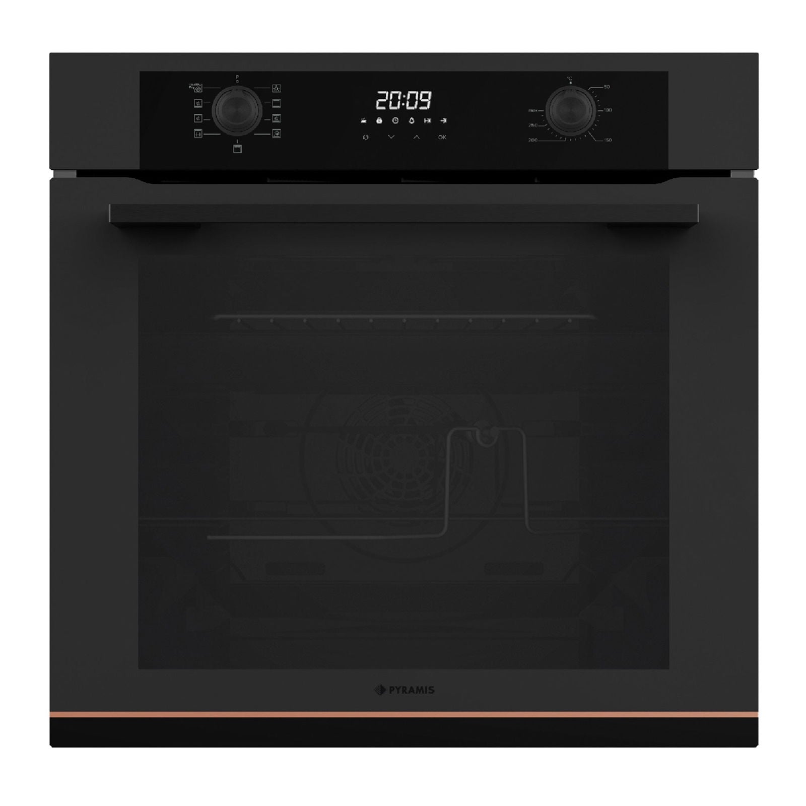 Pachet Pyramis Duo Copper Line 2080 Black Glass - cuptor electric si plita gaz, 9 functii, clasa A, 72 l, butoane retractabile, Soft Close, Rotisor, ghidaje telescopice, 4 arzatoare, gratare fonta, finisaj sticla neagra mata - EpicHome