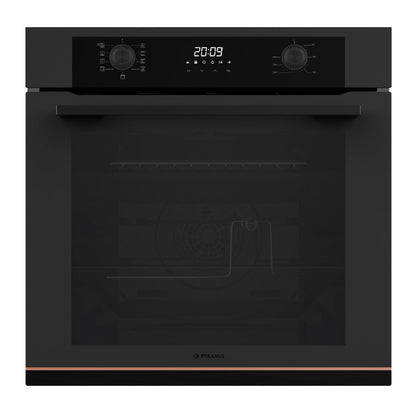 Pachet Pyramis Duo Copper Line 2080 Black Glass - cuptor electric si plita gaz, 9 functii, clasa A, 72 l, butoane retractabile, Soft Close, Rotisor, ghidaje telescopice, 4 arzatoare, gratare fonta, finisaj sticla neagra mata - EpicHome