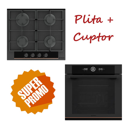 Pachet Pyramis Duo Copper Line 2082 Full Touch Black Glass - cuptor electric si plita gaz, 16 functii, clasa A, volum 72 l, Soft Close, Rotisor, ghidaje telescopice, 4 arzatoare, gratare fonta, finisaj sticla neagra mata - EpicHome