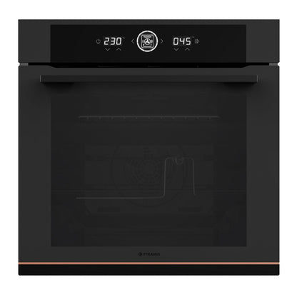 Pachet Pyramis Duo Copper Line 2082 Full Touch Black Glass - cuptor electric si plita gaz, 16 functii, clasa A, volum 72 l, Soft Close, Rotisor, ghidaje telescopice, 4 arzatoare, gratare fonta, finisaj sticla neagra mata - EpicHome