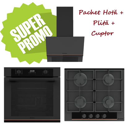 Pachet Pyramis Trio Copper Line 2080 Black Glass Matt - cuptor electric, plita gaz si hota decorativa, 9 functii, clasa A, 72 l, butoane retractabile, Soft Close, Rotisor, ghidaje telescopice, 4 arzatoare, gratare fonta, finisaj sticla neagra mata - EpicHome