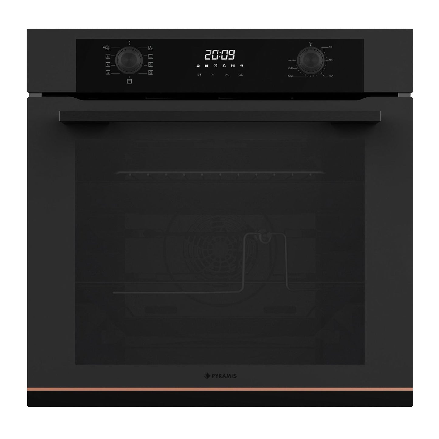 Pachet Pyramis Trio Copper Line 2080 Black Glass Matt - cuptor electric, plita gaz si hota decorativa, 9 functii, clasa A, 72 l, butoane retractabile, Soft Close, Rotisor, ghidaje telescopice, 4 arzatoare, gratare fonta, finisaj sticla neagra mata - EpicHome