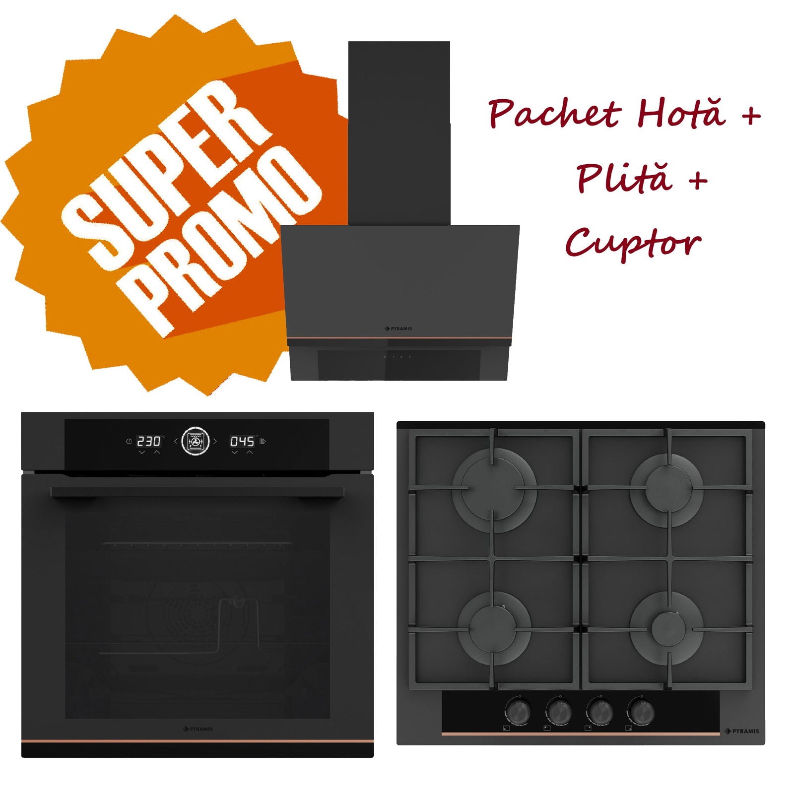 Pachet Pyramis Trio Copper Line 2082 Full Touch Black Glass Matt - cuptor electric, plita gaz si hota decorativa, 16 functii, clasa A, volum 72 l, Soft Close, Rotisor, ghidaje telescopice, 4 arzatoare, gratare fonta, finisaj sticla neagra mata - EpicHome