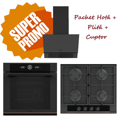 Pachet Pyramis Trio Copper Line 2082 Full Touch Black Glass Matt - cuptor electric, plita gaz si hota decorativa, 16 functii, clasa A, volum 72 l, Soft Close, Rotisor, ghidaje telescopice, 4 arzatoare, gratare fonta, finisaj sticla neagra mata - EpicHome