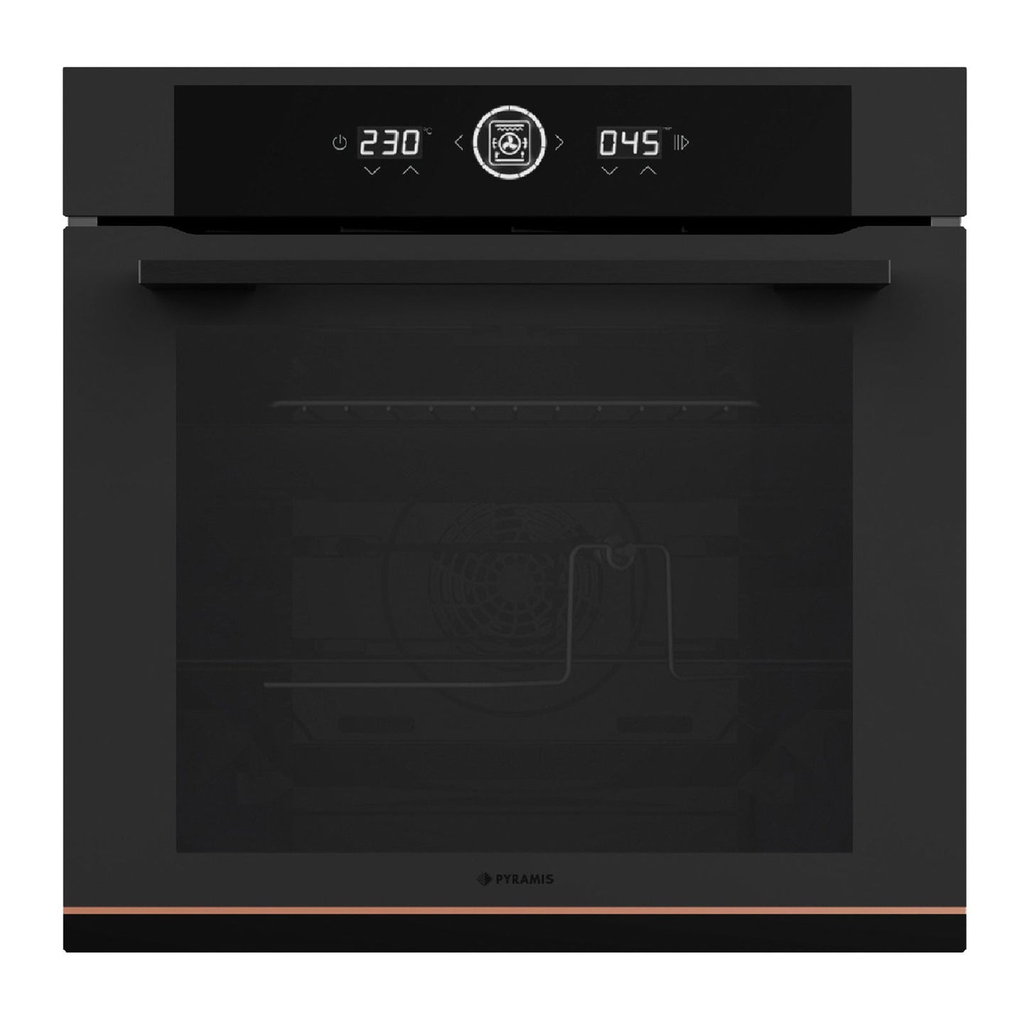 Pachet Pyramis Trio Copper Line 2082 Full Touch Black Glass Matt - cuptor electric, plita gaz si hota decorativa, 16 functii, clasa A, volum 72 l, Soft Close, Rotisor, ghidaje telescopice, 4 arzatoare, gratare fonta, finisaj sticla neagra mata - EpicHome