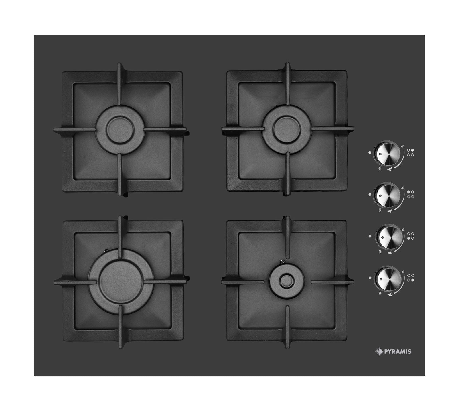 Plita gaz Pyramis 2225 Black Glass Cast Iron Protection, gratare individuale fonta, 59x51,5 cm - EpicHome.ro