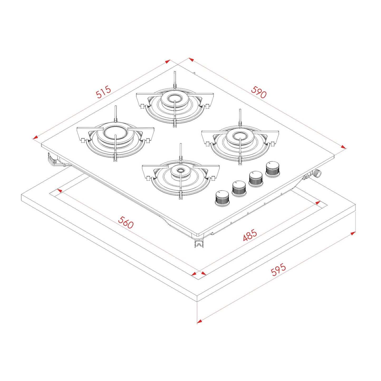 Plita gaz Pyramis 2225 Black Glass Cast Iron Protection, gratare individuale fonta, 59x51,5 cm - EpicHome.ro