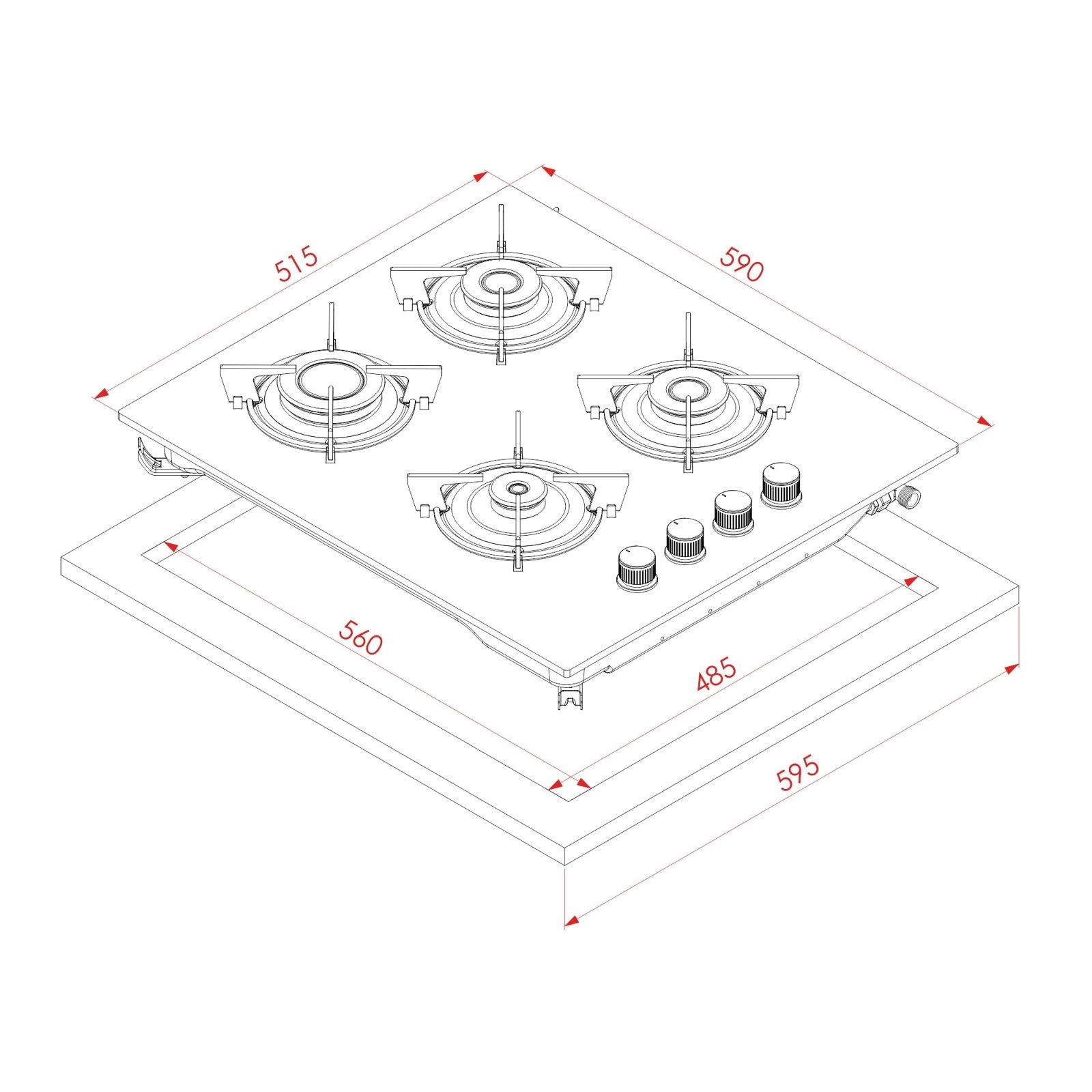 Plita gaz Pyramis 2225 Black Glass Cast Iron Protection, gratare individuale fonta, 59x51,5 cm - EpicHome.ro