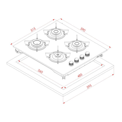 Plita gaz Pyramis 2225 Black Glass Cast Iron Protection, gratare individuale fonta, 59x51,5 cm - EpicHome.ro