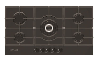 Plita gaz Pyramis 5.90 Black Glass, Wok, gratare fonta, 90x51 cm - EpicHome.ro