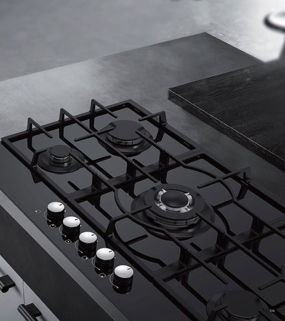 Plita gaz Pyramis 5.90 Black Glass, Wok, gratare fonta, 90x51 cm - EpicHome.ro