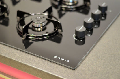 Plita gaz Pyramis 5335.02.01 Black Glass, gratare individuale emailate, 60x51 cm - EpicHome.ro