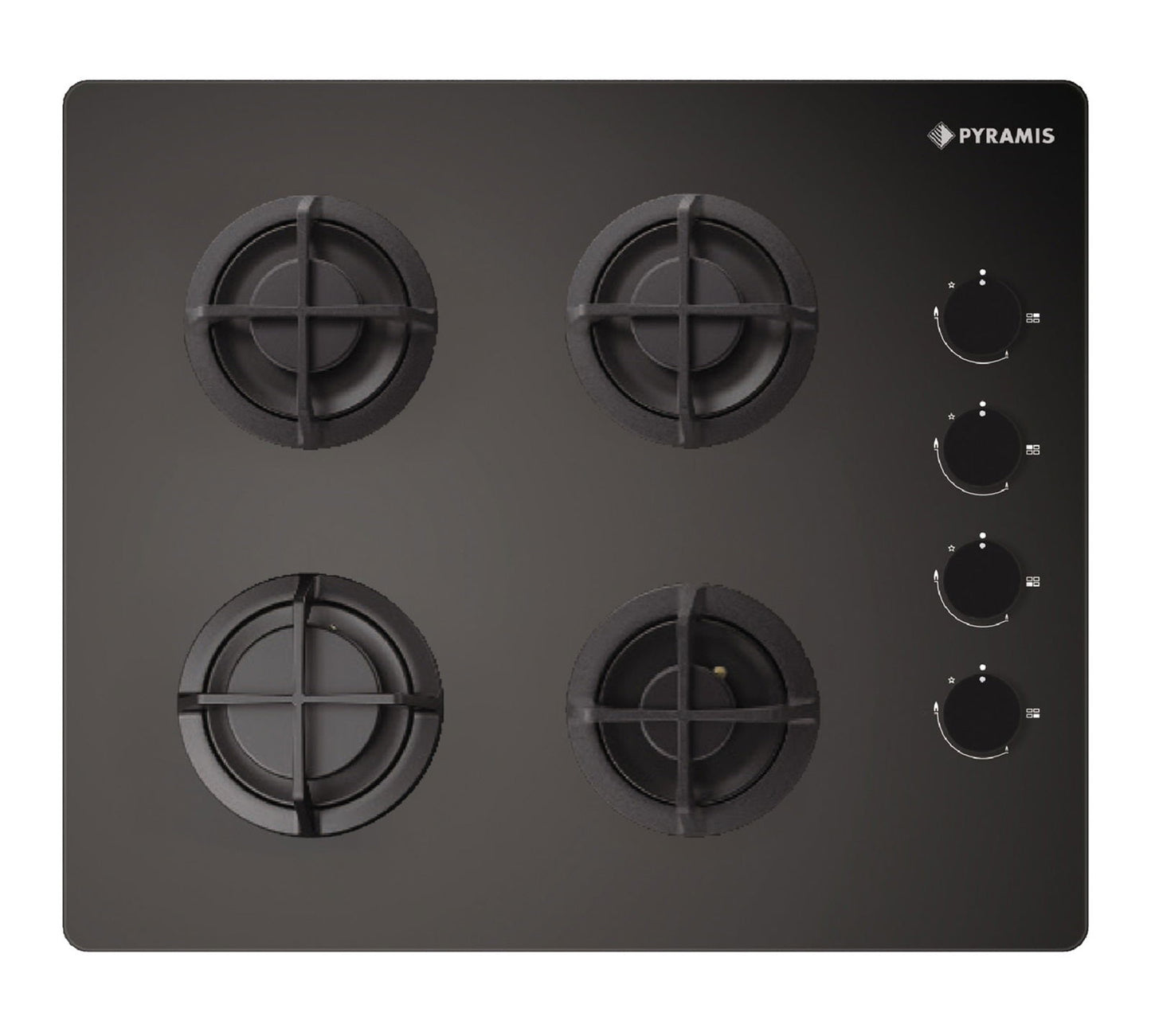 Plita gaz Pyramis 5343.01 Black Glass, gratare individuale fonta, 60x51 cm - EpicHome.ro