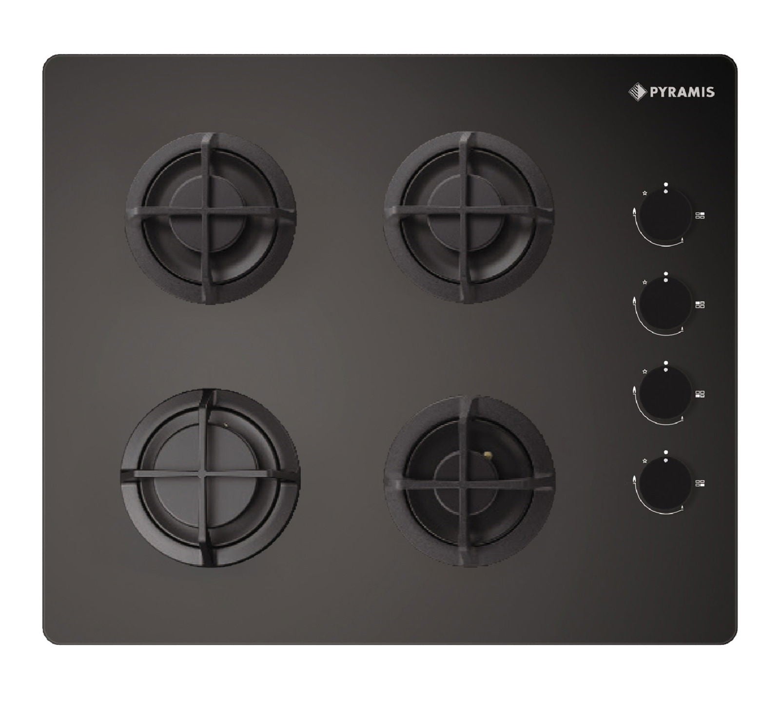 Plita gaz Pyramis 5343.01 Black Glass, gratare individuale fonta, 60x51 cm - EpicHome.ro