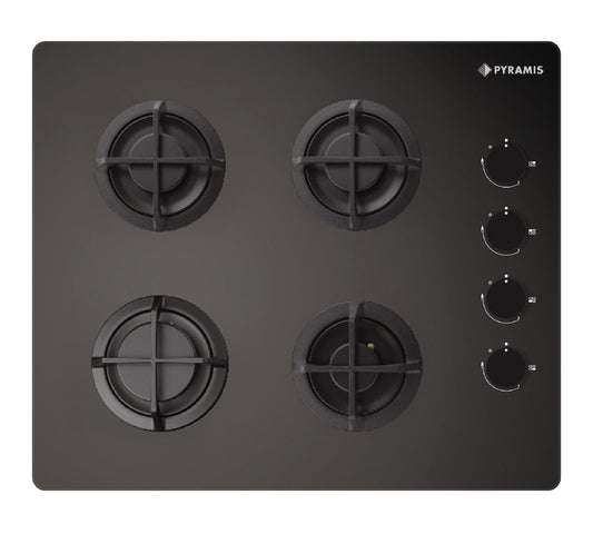 Plita gaz Pyramis 5343.01 Black Glass, gratare individuale fonta, 60x51 cm - EpicHome.ro