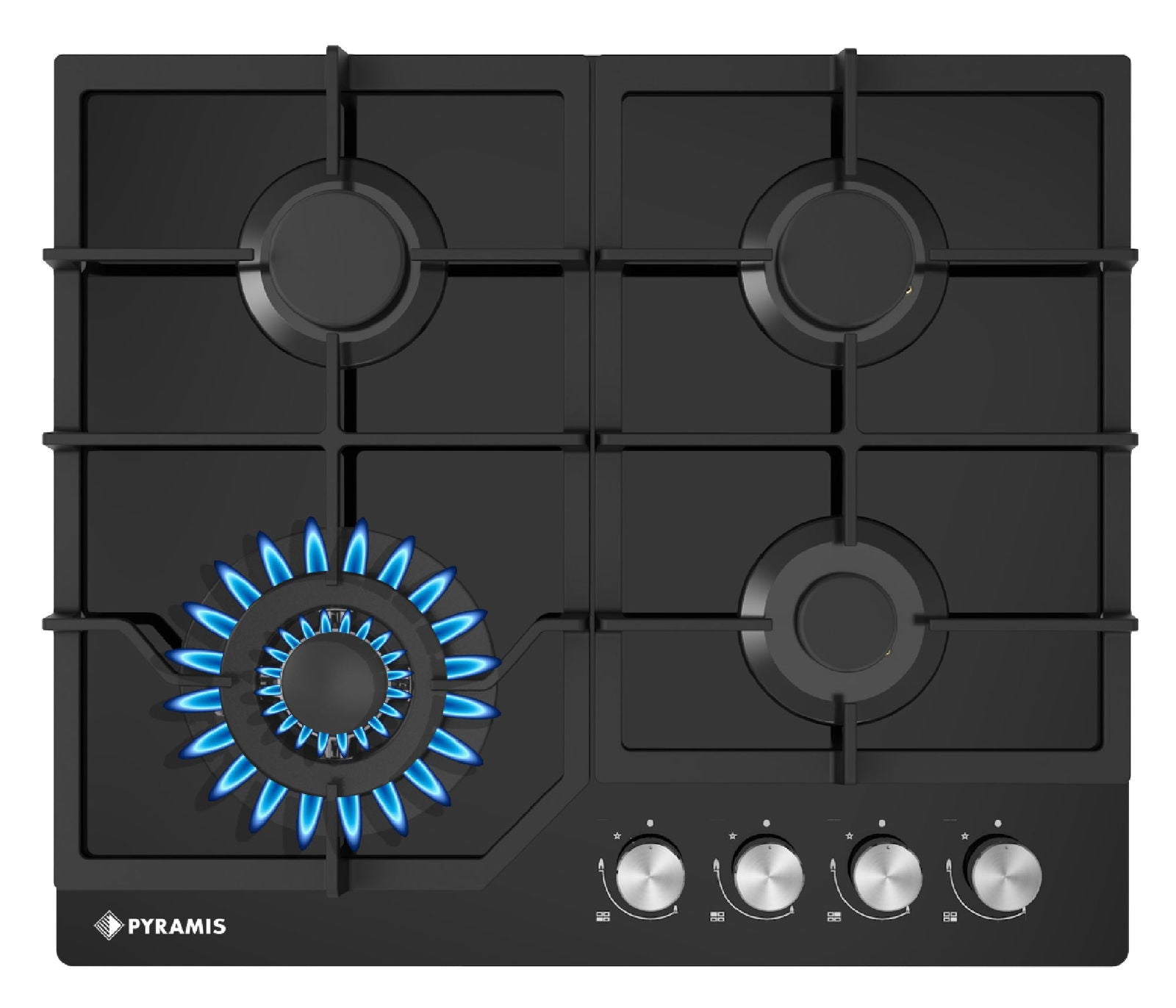 Plita gaz Pyramis 60PG 66.11.12.13 Glass, Wok, gratare fonta, 60x51,5 cm - EpicHome.ro