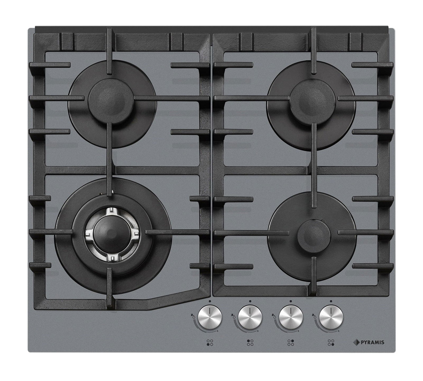 Plita gaz Pyramis 6714 Grey Pearl Glass, Wok, gratare fonta, 59,4x52,3 cm - EpicHome.ro