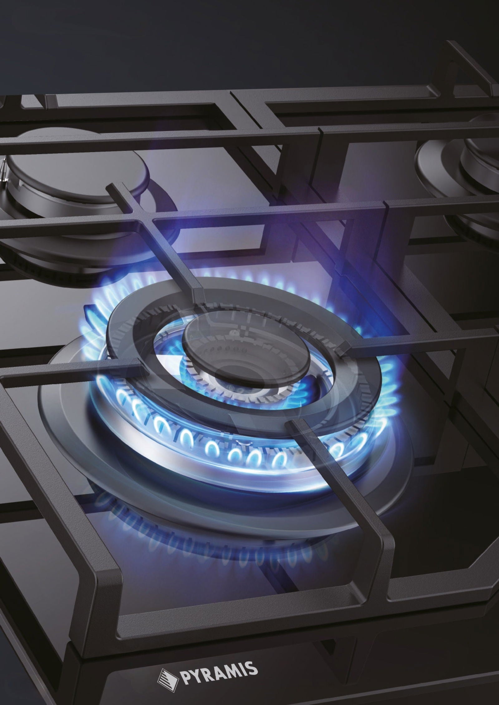 Plita gaz Pyramis 6714 Grey Pearl Glass, Wok, gratare fonta, 59,4x52,3 cm - EpicHome.ro