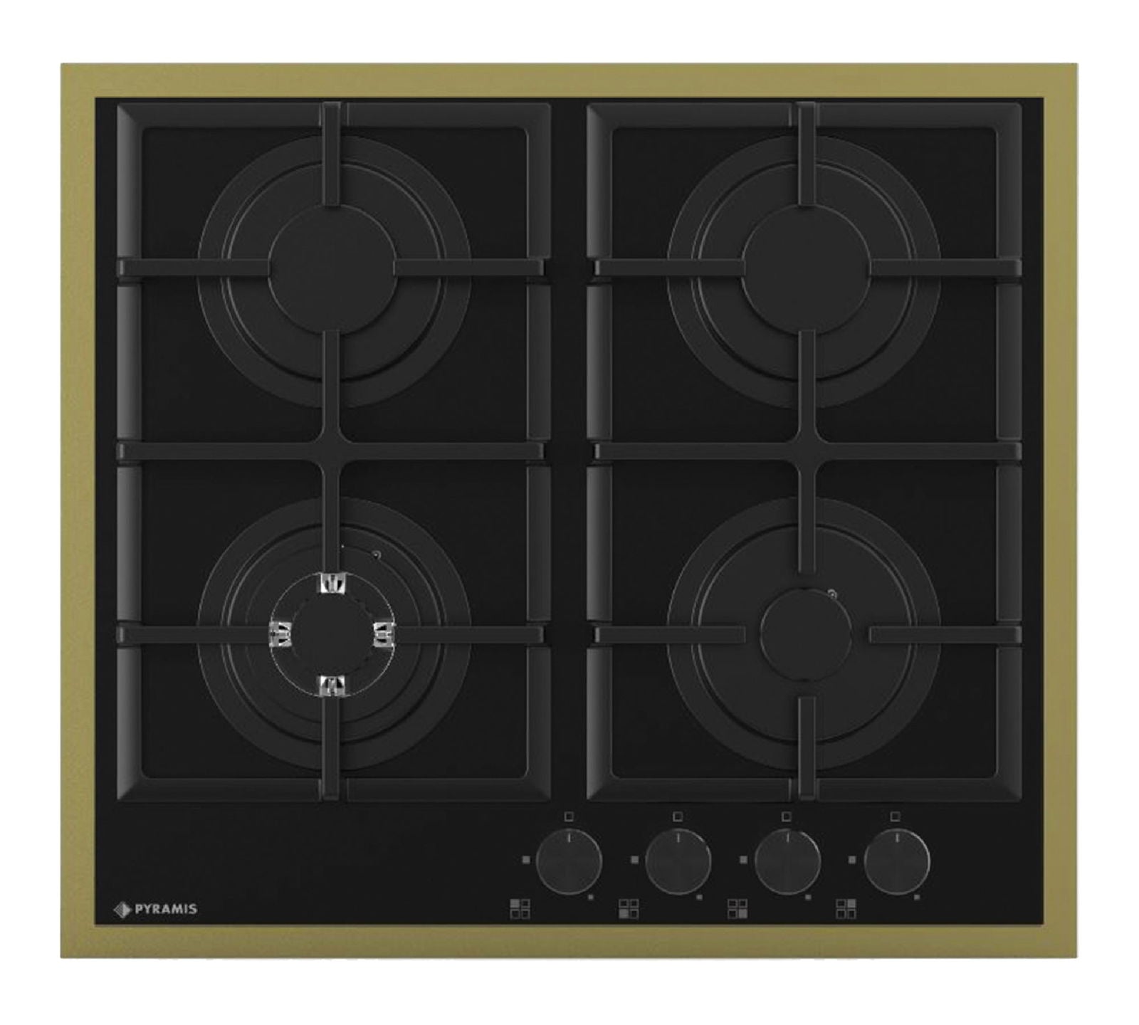 Plita gaz Pyramis 8080 PVD & Black Glass, Wok, gratare fonta, 59x52 cm - EpicHome.ro