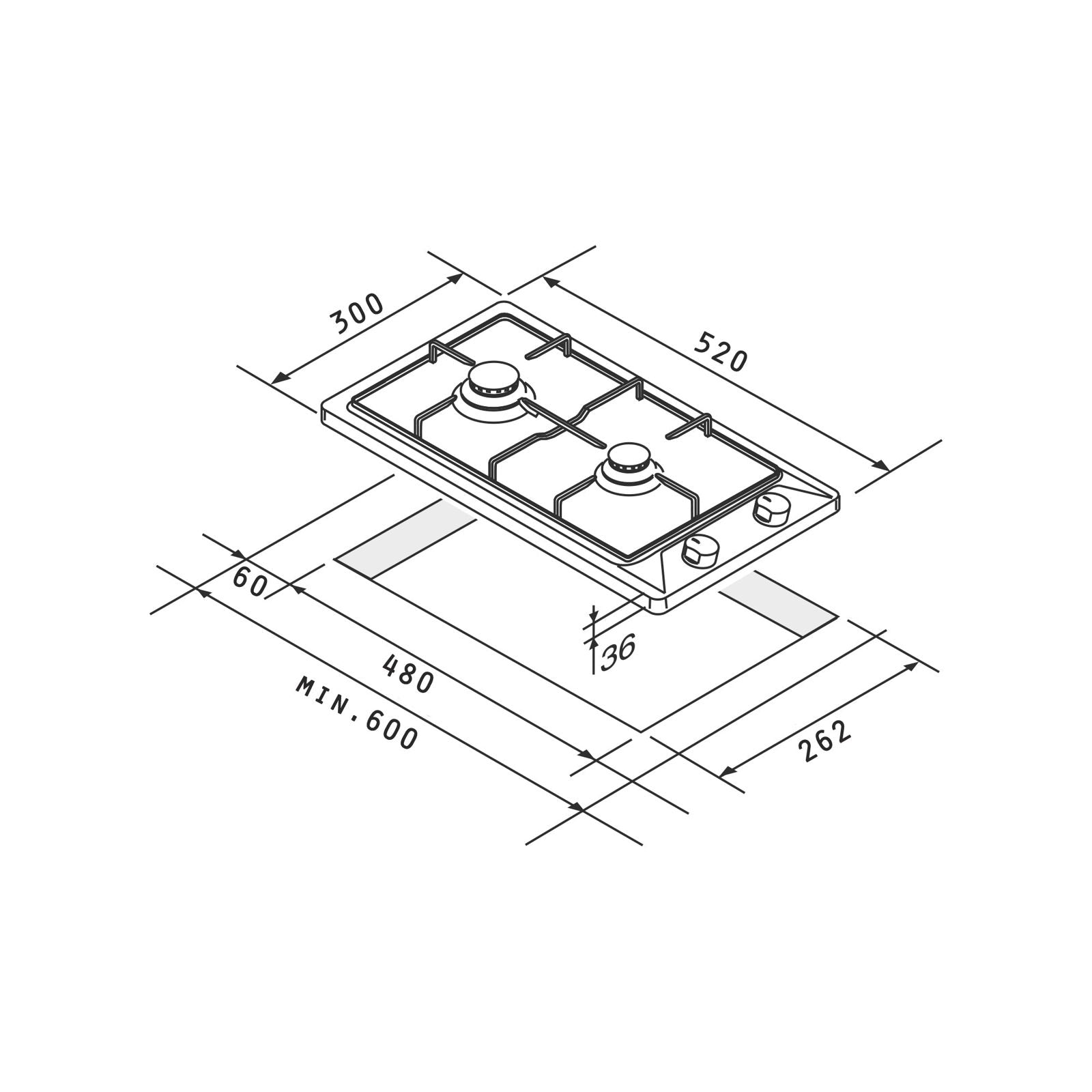 Plita gaz Pyramis domino 60PG 330, Inox, Wok, gratare fonta, 30x52 cm - EpicHome.ro