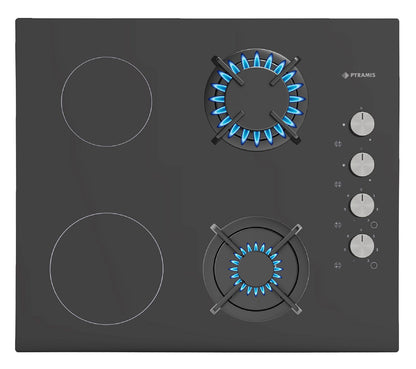 Plita mixta Pyramis 2+2 Gaz & Vitroceramic, sticla neagra, 9 trepte de putere, 59x52 cm - EpicHome.ro