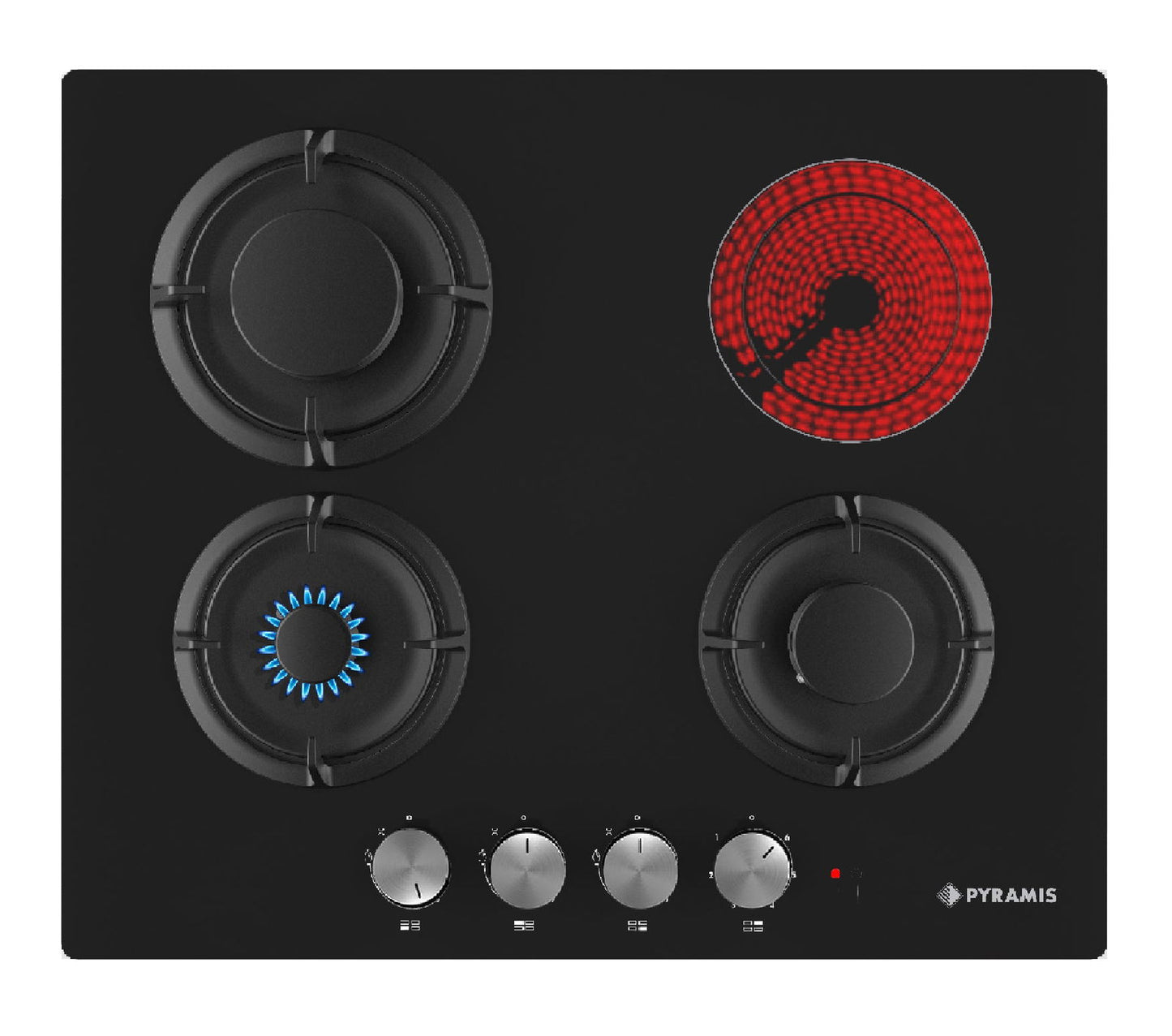 Plita mixta Pyramis 3+1 Gaz & Vitroceramic, sticla neagra, 6 trepte de putere, 60x51 cm - EpicHome