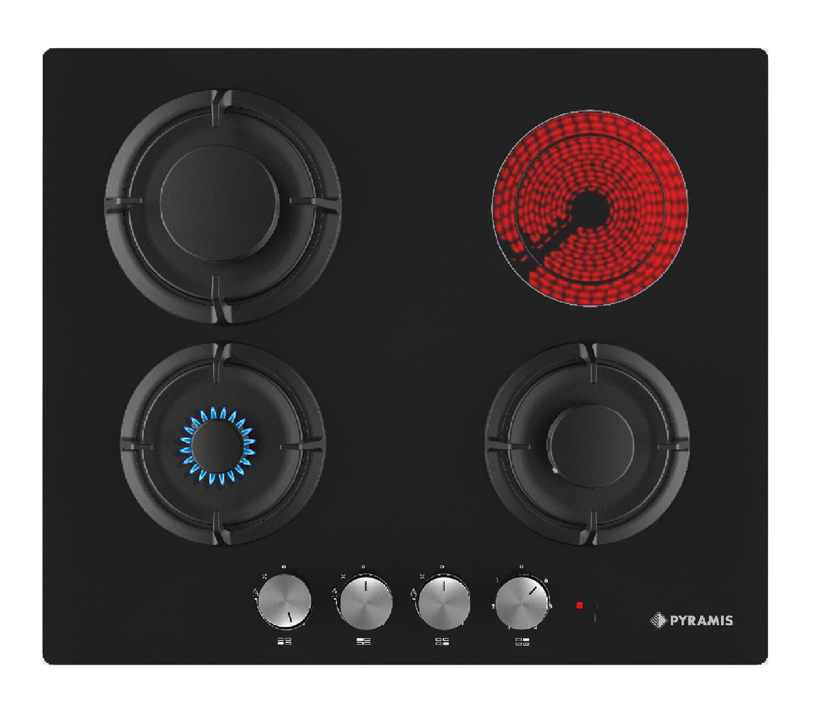 Plita mixta Pyramis 3+1 Gaz & Vitroceramic, sticla neagra, 6 trepte de putere, 60x51 cm - EpicHome