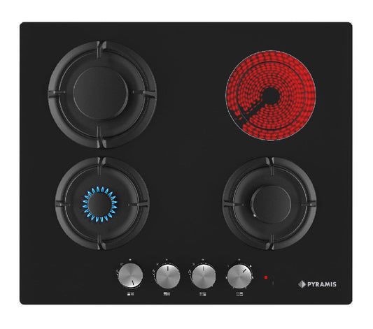 Plita mixta Pyramis 3+1 Gaz & Vitroceramic, sticla neagra, 6 trepte de putere, 60x51 cm - EpicHome