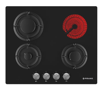 Plita mixta Pyramis 3+1 Gaz & Vitroceramic, sticla neagra, 6 trepte de putere, 60x51 cm - EpicHome