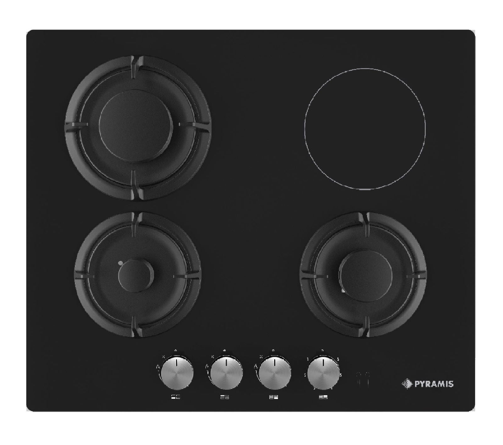 Plita mixta Pyramis 3+1 Gaz & Vitroceramic, sticla neagra, 6 trepte de putere, 60x51 cm - EpicHome