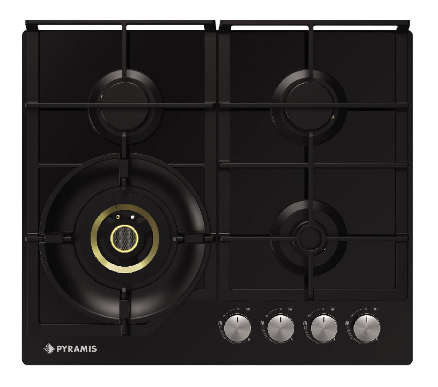 Plita pe gaz Pyramis 2.0 Wok HONEY Comb Black Glass, gratare fonta, 60x51,5 cm - EpicHome