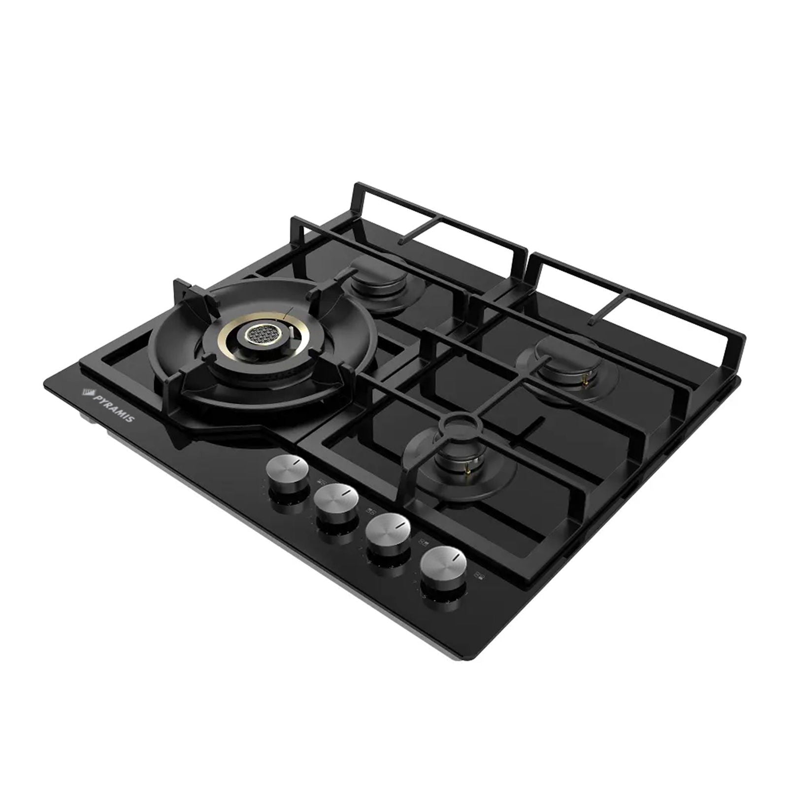 Plita pe gaz Pyramis 2.0 Wok HONEY Comb Black Glass, gratare fonta, 60x51,5 cm - EpicHome