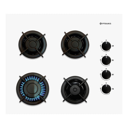 Plita pe gaz Pyramis 2120 White Glass, gratare individuale fonta, 60x51 cm - EpicHome.ro